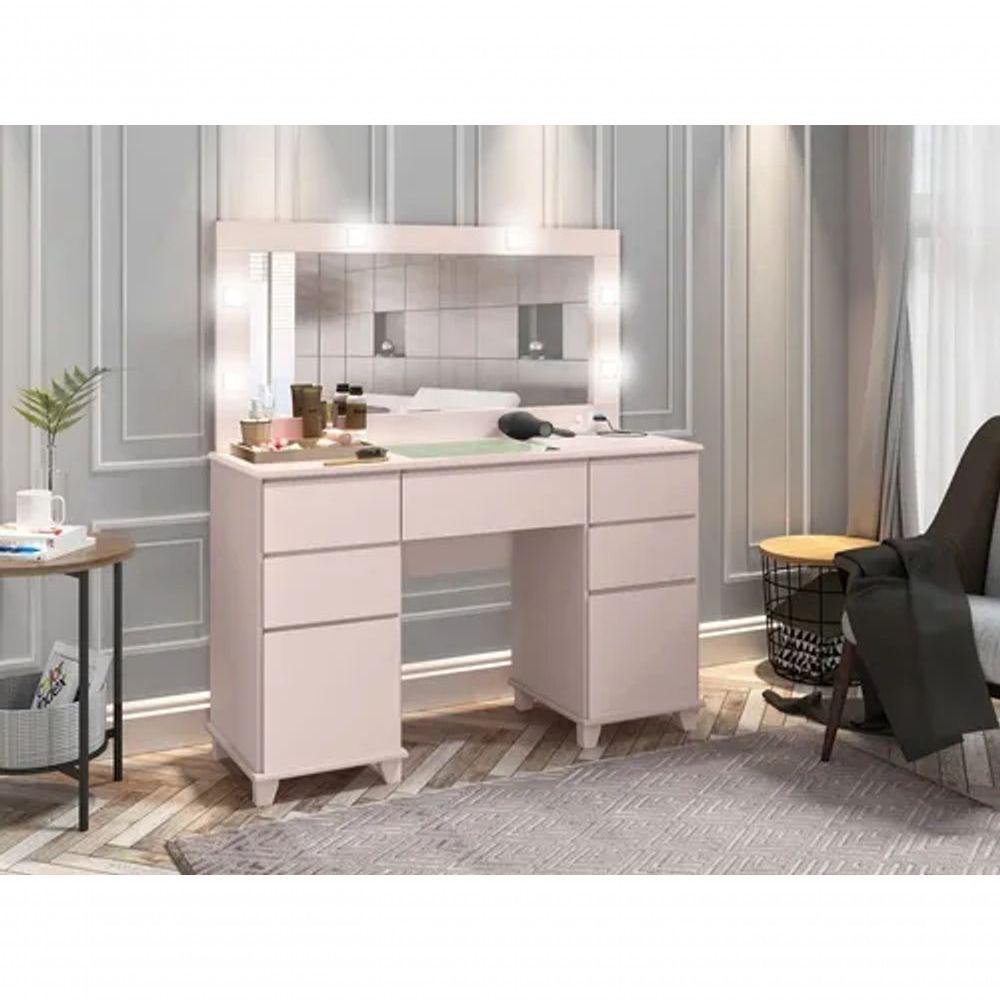 Penteadeira Camarim Clean Com Espelho Tomada E Led Rosa | MadeiraMadeira