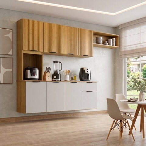 Cozinha Compacta com Nicho e Portas Frisadas New Zarah Yescasa Bege/Cinamomo/Off White Acetinado