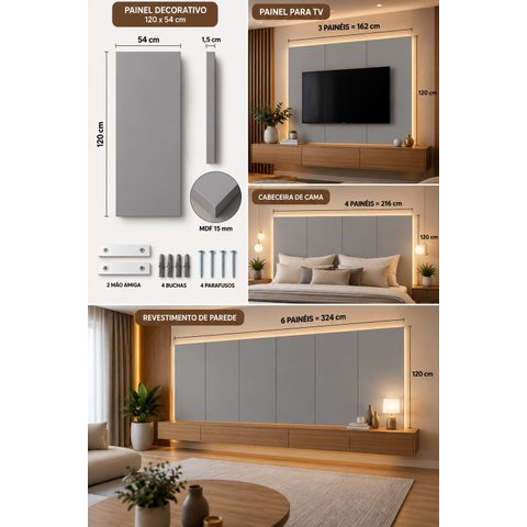 Painel Decorativo Modular Florêncio 120x54cm MDF 15mm Cinza para TV e Cabeceira