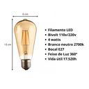 Ver imagem 2 de Kit 4 Lâmpada Filamento Led St64 4w 2700k Branco Neutro