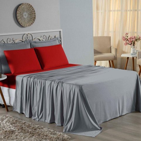 Jogo de Cama Casal Viúva Nobre 4 Peças Malha 100% Algodão - Cinza / Vermelho