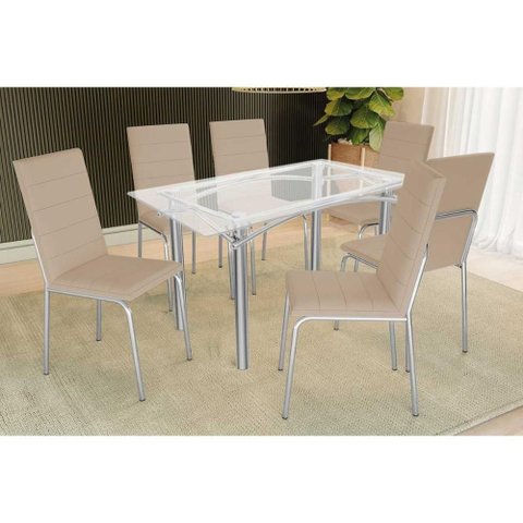 Sala de Jantar Completa Elba C/ Tampo de Vidro 150cm e 6 Cadeiras Amsterdã Cromada - Courano Bege