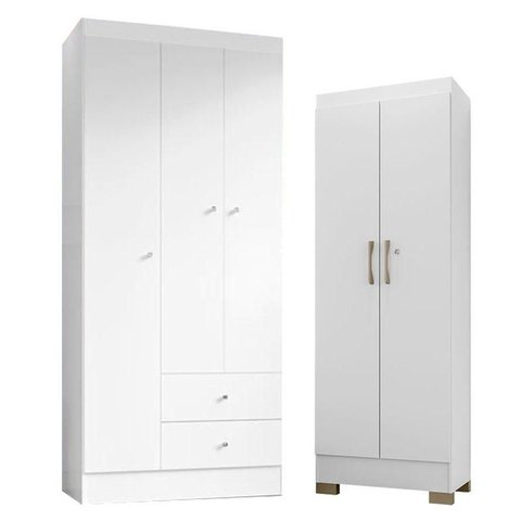 Guarda Roupa Solteiro Versa 3 Portas Branco Rosa Flex Fosco com Armário Multiuso Luna Branco Fosco -
