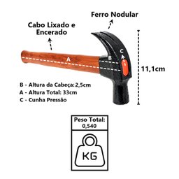 Martelo Unha Cabo de Madeira Envernizado Cunha Pressão 25mm Minasul - 3