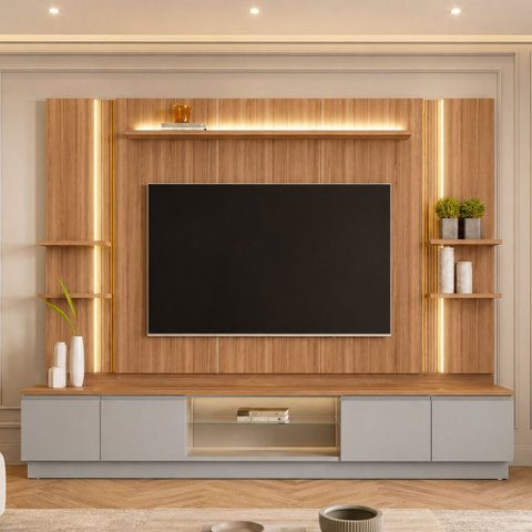 Rack para Sala com Painel para TV 75 pol LED 290cm Noble L05 Canela Gris Fosco - Lyam Decor