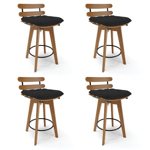 kit 04 Banquetas Giratória Costela Veludo Preto Base Madeira MA70 - D’Rossi