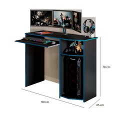 Mesa Gamer Escrivaninha Office Nicho E Suporte Gabinete CPU Gamer:Preto/Azul - 3