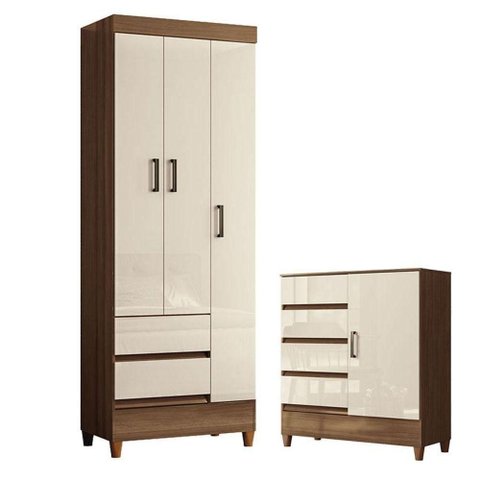 Guarda Roupa Solteiro 3 Portas com Pés Fit com Cômoda 1 Porta e 4 Gavetas Fit Jequetibá Off White