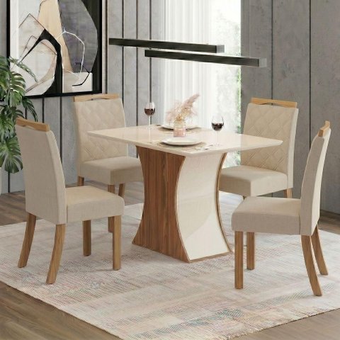 Conjunto Sala de Jantar Layla Confort 4 Lugares Tampo MDF Cadeiras Estofadas Off White 120cm Casa