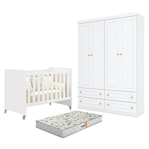 Berço Americano Evolution 4 em 1 Branco Acetinado e Guarda Roupa Infantil Americano 4 Portas Branco 