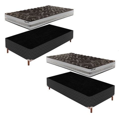 2 Bases Box Solteiro Íris 42x88x188cm com Kit com 2 Colchões Solteiro Unique D33 Plus 14x88x188cm Preto/Elegancy Paropas By Ecosono