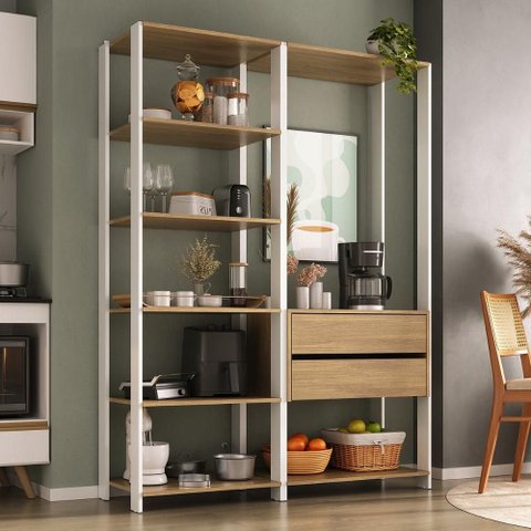 Armário de Cozinha Modulada Compacta 135cm 2 Peças com 2 Gavetas Multimóveis Mp2284 Branco/