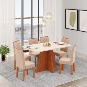 Conjunto Sala de Jantar 6 Cadeiras Tampo de Vidro Dj Móveis Siena Freijó Ayla Veludo Creme