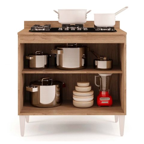 Balcão para Cooktop de Cozinha com Tampo 2 Portas Brenda 80 cm - D’Rossi Castanho e Preto