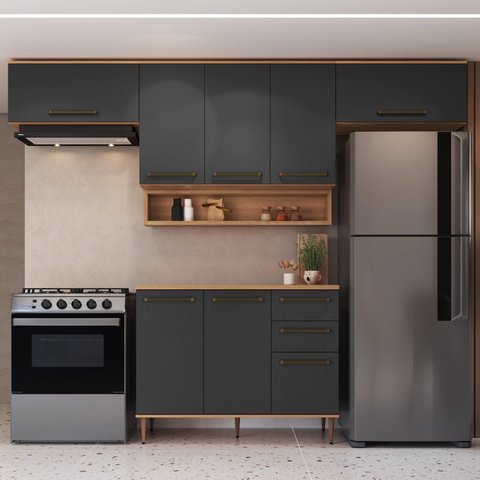 Cozinha Modulada 6 Peças com Tampo 120cm 8 Portas 2 Gavetas com Nicho Decorativo Isabelle Cinza/Freijó/Grafite