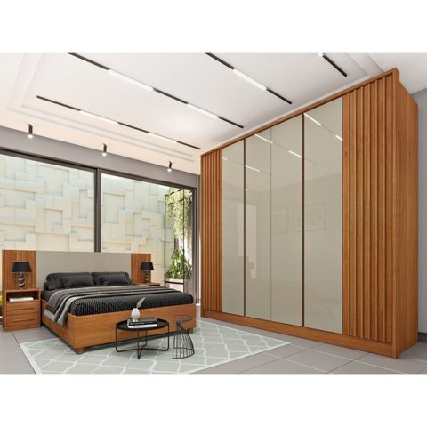 Quarto Casal Ripado Guarda-Roupa 6 Portas com Cama e Cabeceira Bege/Cinamomo