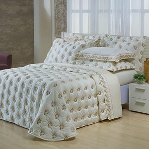 Kit Cobre Leito Colcha Garland Queen 100% Algodão 400 Fios Acetinado Bordado 5 Peças - Palha e