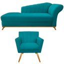 Ver imagem 1 de Kit Diva Recamier Vanessa 185cm Lado Esquerdo e 01 Poltrona Laura Suede Doce Sonho Móveis Azul Turqu