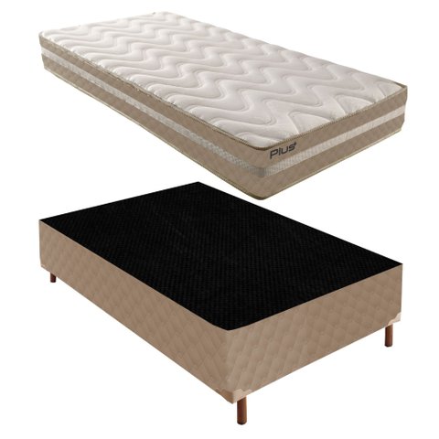 Cama Box Solteiro com Colchão D33 Unique Plus Duoface 18x88x188cm e Base Júlia Bege/Rustico Paropas
