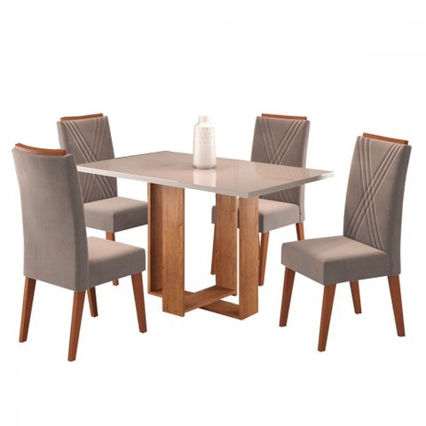 Mesa de Jantar 4 Lugares com Vidro Pajero Mel/perola/off White - Viero Móveis