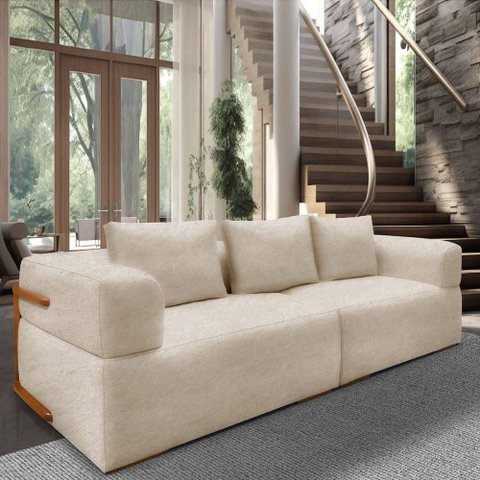 Sofá Scott 3 Lugares Fixo 220cm Bege Bouclé com Aplique em Madeira Lucas Home
