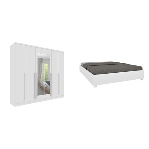 Conjunto Guarda Roupa Casal 6 Portas 8 Gavetas Puxador MDF com Espelho Portugal e Cama Casal Monaco Branco/Neve