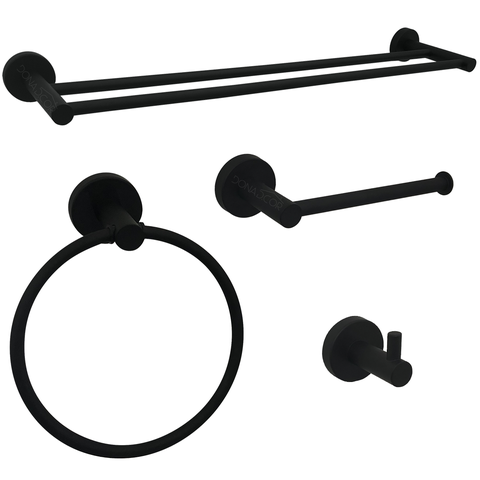 Jogo Acessorios Preto Fosco Kit Banheiro Inox 4 Peças Papeleira Cabide Toalheiro Duplo Porta Toalha