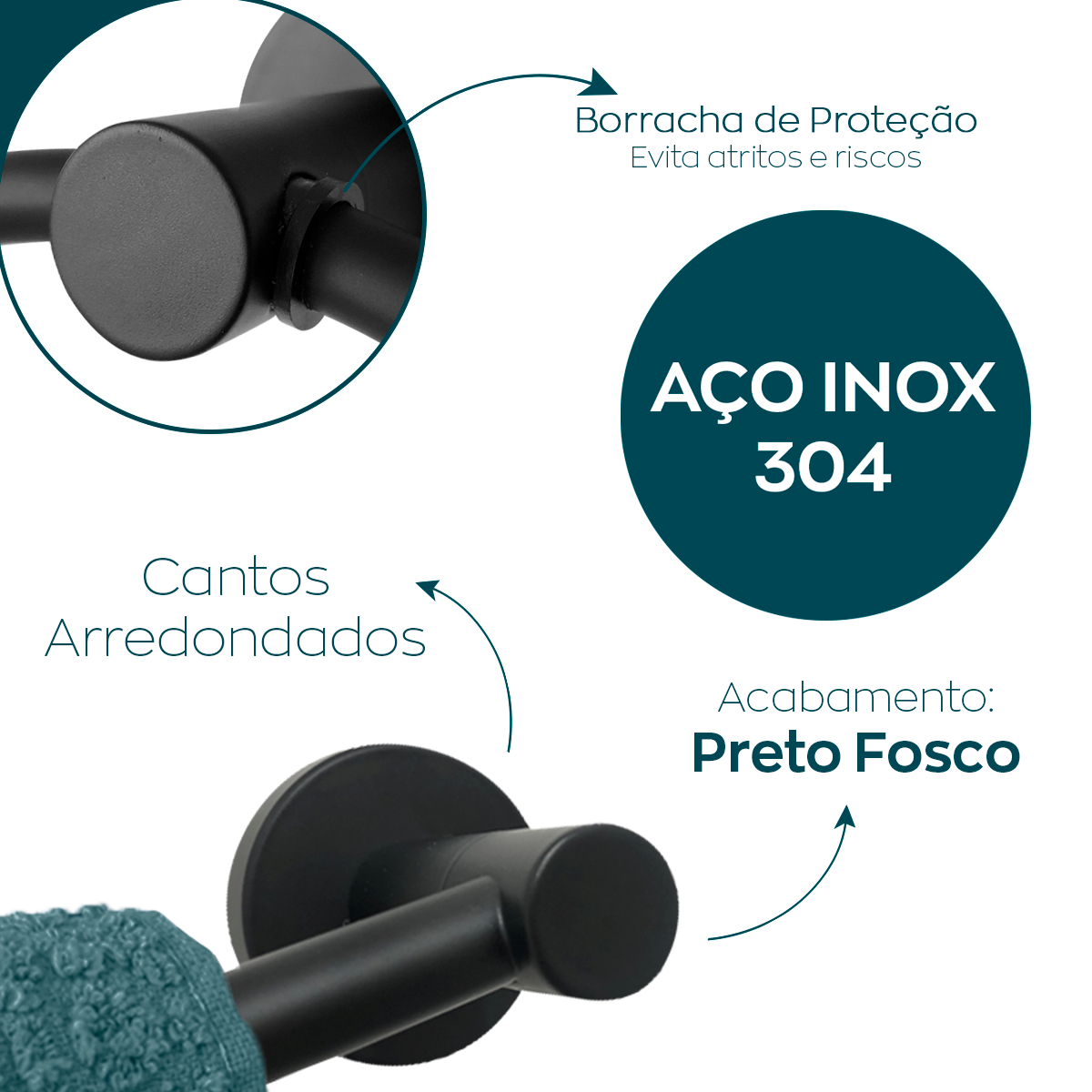 Jogo Acessorios Preto Fosco Kit Banheiro Inox 4 Peças Papeleira Cabide Toalheiro Duplo Porta Toalha - 3