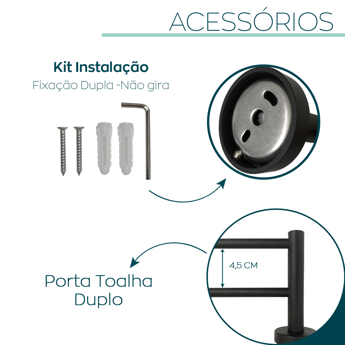 Jogo Acessorios Preto Fosco Kit Banheiro Inox 4 Peças Papeleira Cabide Toalheiro Duplo Porta Toalha - 4