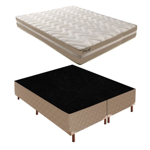 Cama Box Queen com Colchão D33 Unique Plus Duoface 25x158x198cm e Base Júlia Bege/Rustico Paropas By