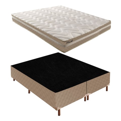 Cama Box Queen com Colchão D33 Unique Plus Duoface 14x158x198cm e Base Júlia Bege/Rustico Paropas By