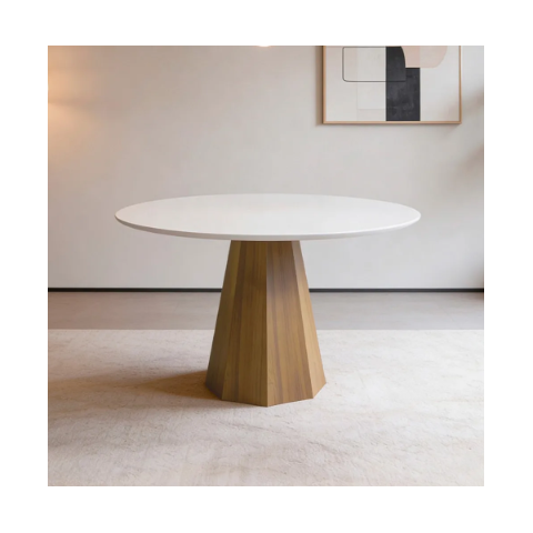 Mesa de Jantar 4 Lugares Redonda 100cm Base Cone Tampo MDF com Vidro Erimon N01 Ypê Off White - Lyam
