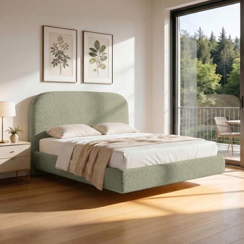 Cama Queen Flutuante com Cabeceira 160cm Aura W01 Bouclê Oliva - Lyam Decor
