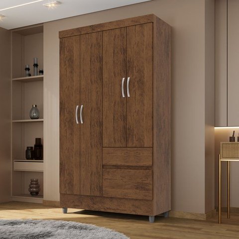 Guarda-Roupa Solteiro 4 Portas 2 Gavetas Panama Marrom/Imbuia Rustico