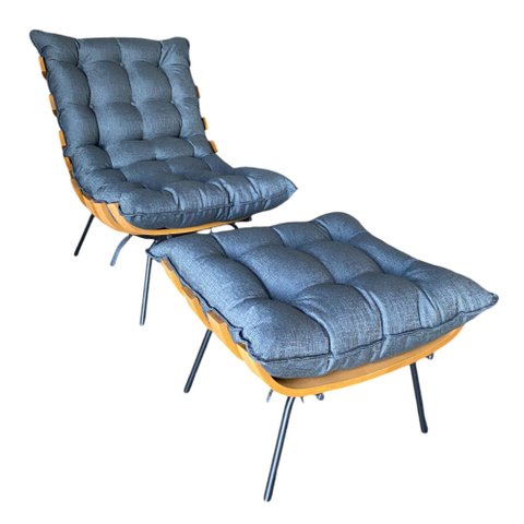 Kit Poltrona e Puff Costela Linho Cinza Escuro - In9 Decor