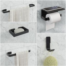 Kit Acessório para Banheiro Preto 5 Peças C/suporte Celular - 1