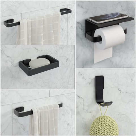 Kit Acessório para Banheiro Preto 5 Peças C/suporte Celular