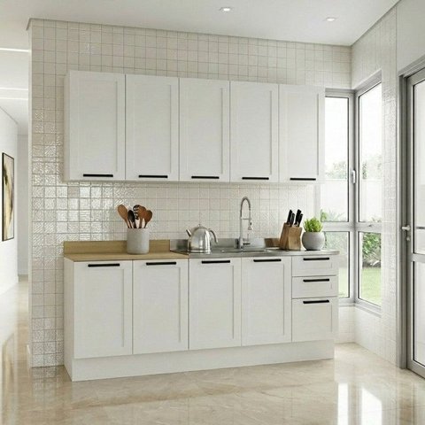 Cozinha Compacta Modulada Americana 9 Portas 3 Gavetas com Rodapé MDF Grazi Branco