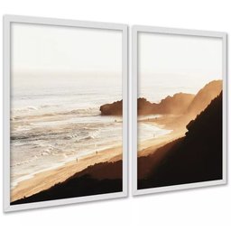 Kit 2 Quadros Praia Areia Degradê Marrom 45x34cm - com Vidro:moldura Preta - 2