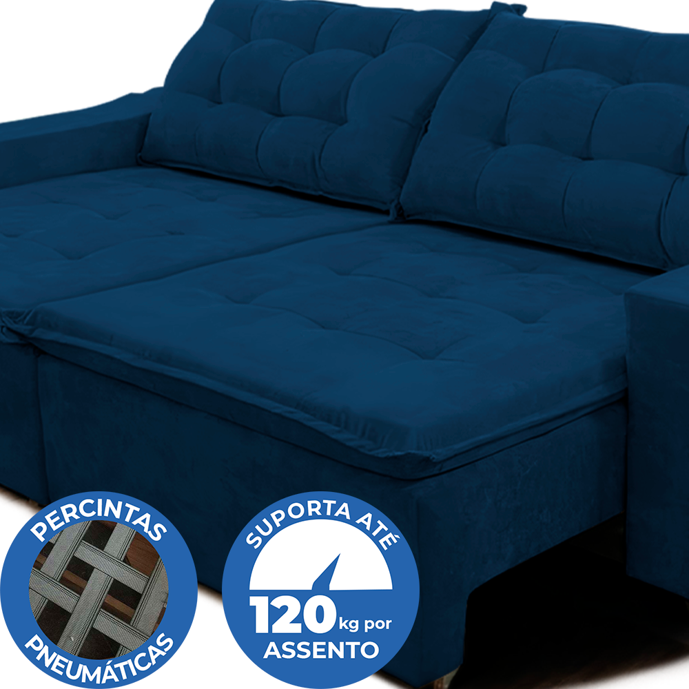 Sofá Amazonas 3 metros Retrátil com Molas Suede Veludo Light Azul - Sofá na Web - 10