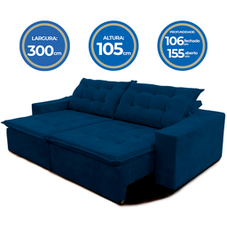 Sofá Amazonas 3 metros Retrátil com Molas Suede Veludo Light Azul - Sofá na Web - 8