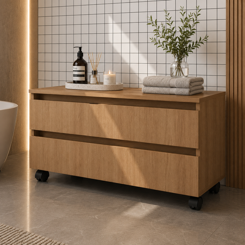 Balcão Gaveteiro Multiuso para Banheiro 80cm 2 Gavetas 4 Rodízios Mel- Tecno Mobili