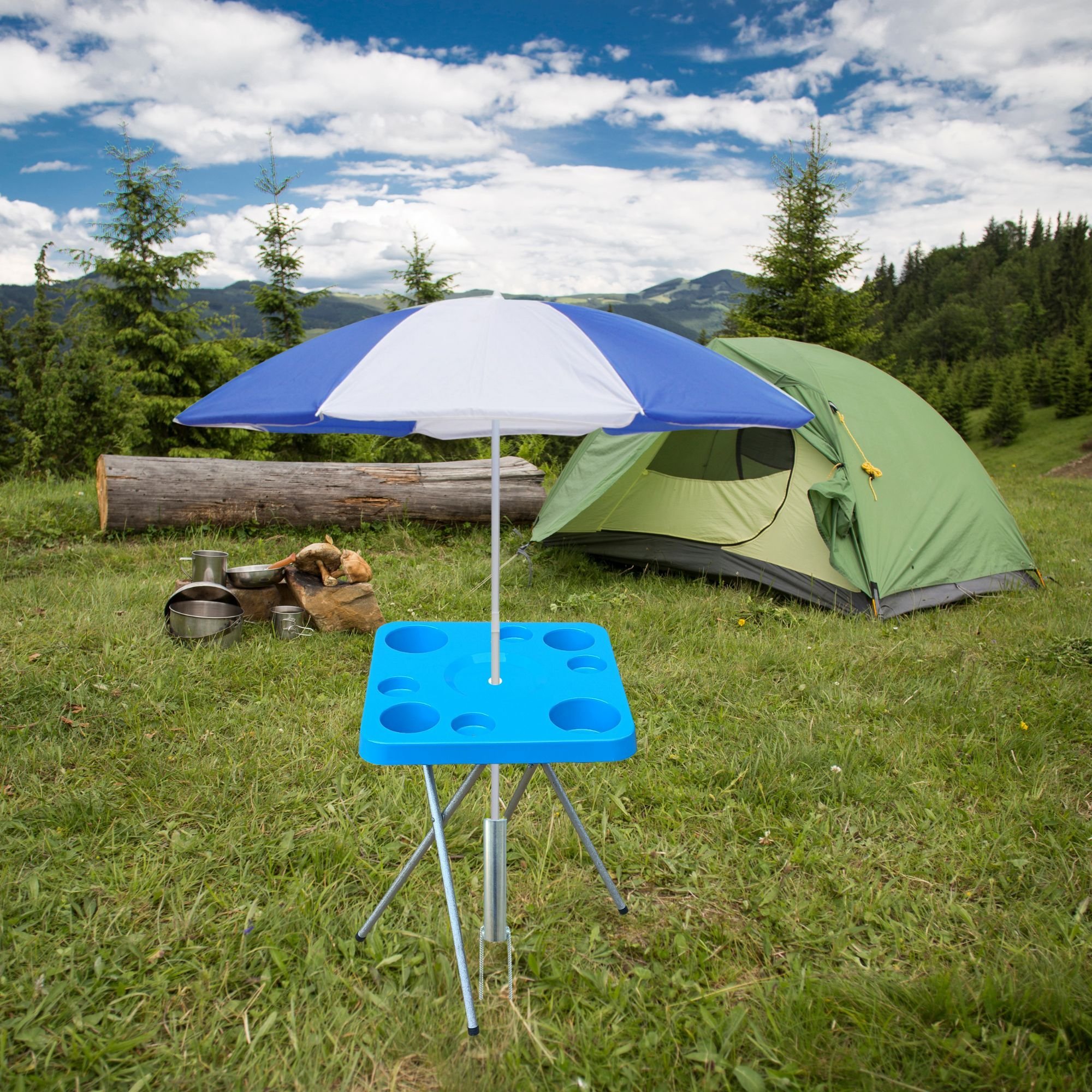 Mesa Praia Dobrável Petisqueira e Suporte Guarda Sol Chão Cor:azul - 5