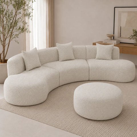 Sofá e Puff Orgânico Virginia 360cm Sala Boucle Bege