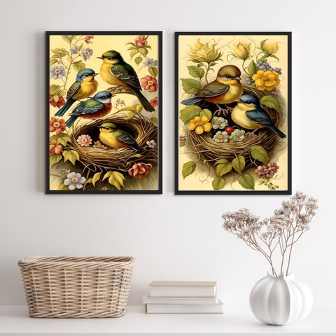 Kit 2 Quadros Decorativos Passarinhos no Ninho 33x24cm - com Vidro:madeira Branca