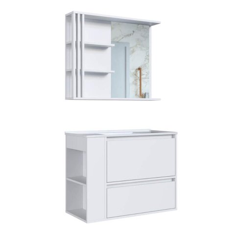 Gabinete de Banheiro 80cm Estela Branco Lavatório Espelheira com 1 Gavetão e Basculante