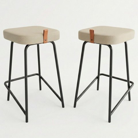 Kit 02 Banquetas Médias para Cozinha Vik Estofada Linho Bege - Desk Design