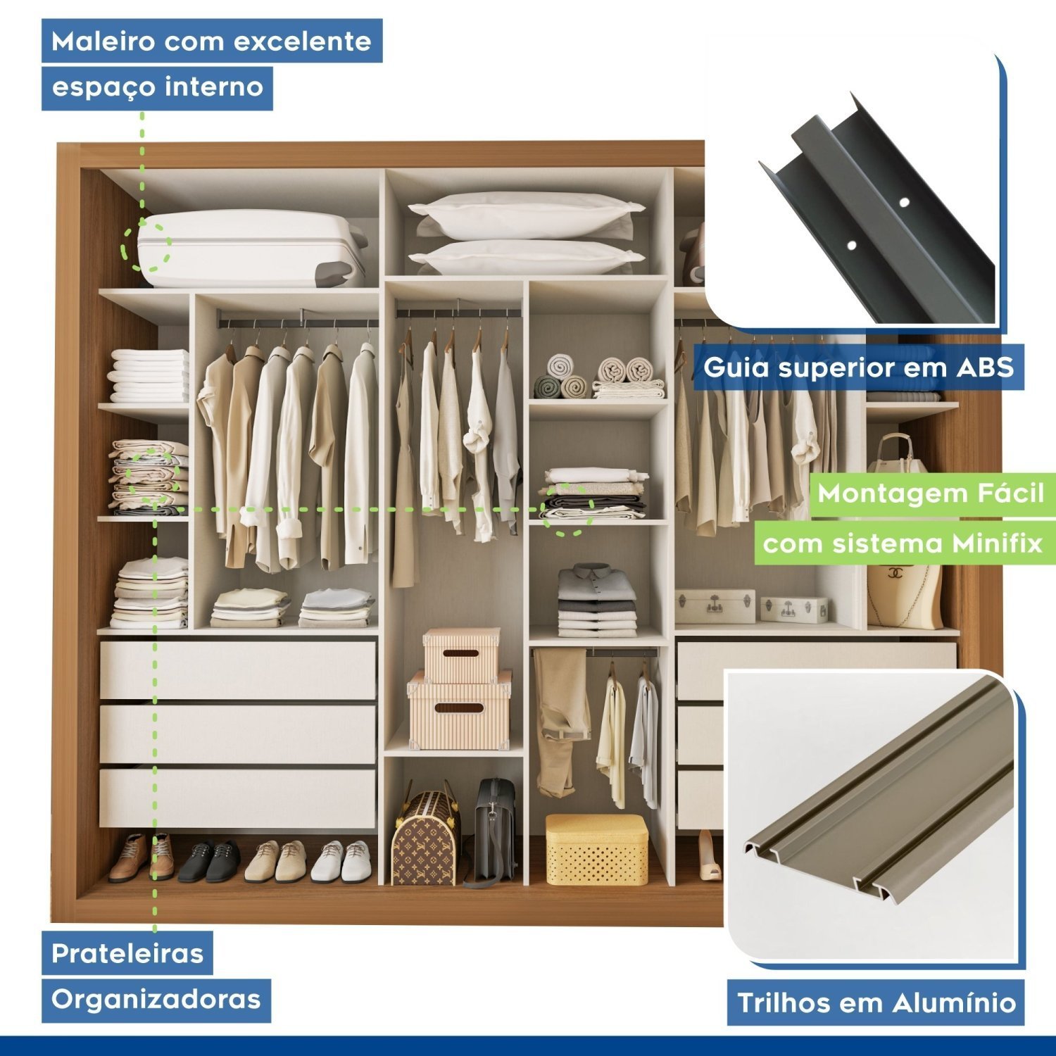 Guarda Roupa Casal Premium Nápoli 242cm com Espelho 2 Portas Lisas 1 Porta Ripada 6 Gavetas Espresso Móveis     - 9