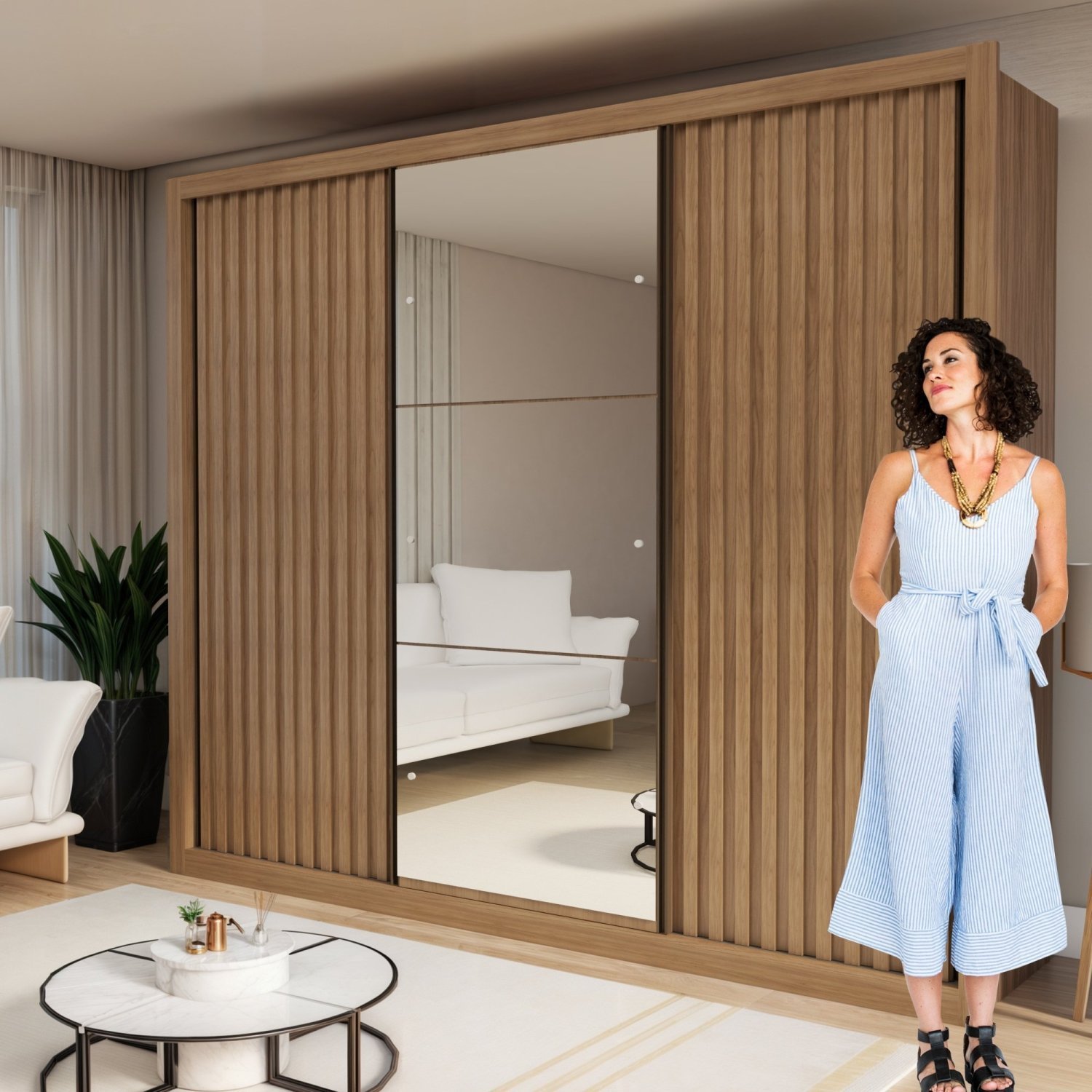 Guarda Roupa Casal Premium Nápoli 242cm com Espelho 2 Portas Lisas 1 Porta Ripada 6 Gavetas Espresso Móveis     - 6