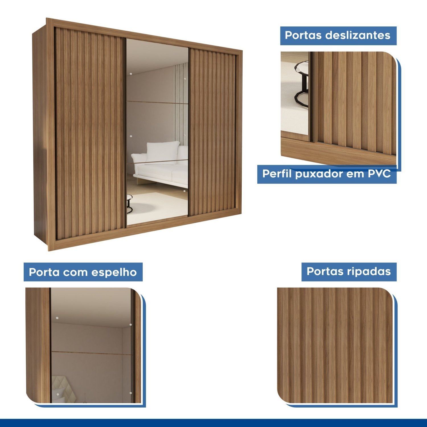Guarda Roupa Casal Premium Nápoli 242cm com Espelho 2 Portas Lisas 1 Porta Ripada 6 Gavetas Espresso Móveis     - 10